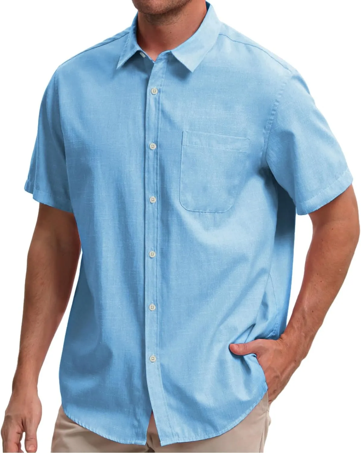 Mens Cotton Linen Short Sleeve Shirts Casual Lightweight Button Down Shirts Vacation Beach Summer Tops with Pocket