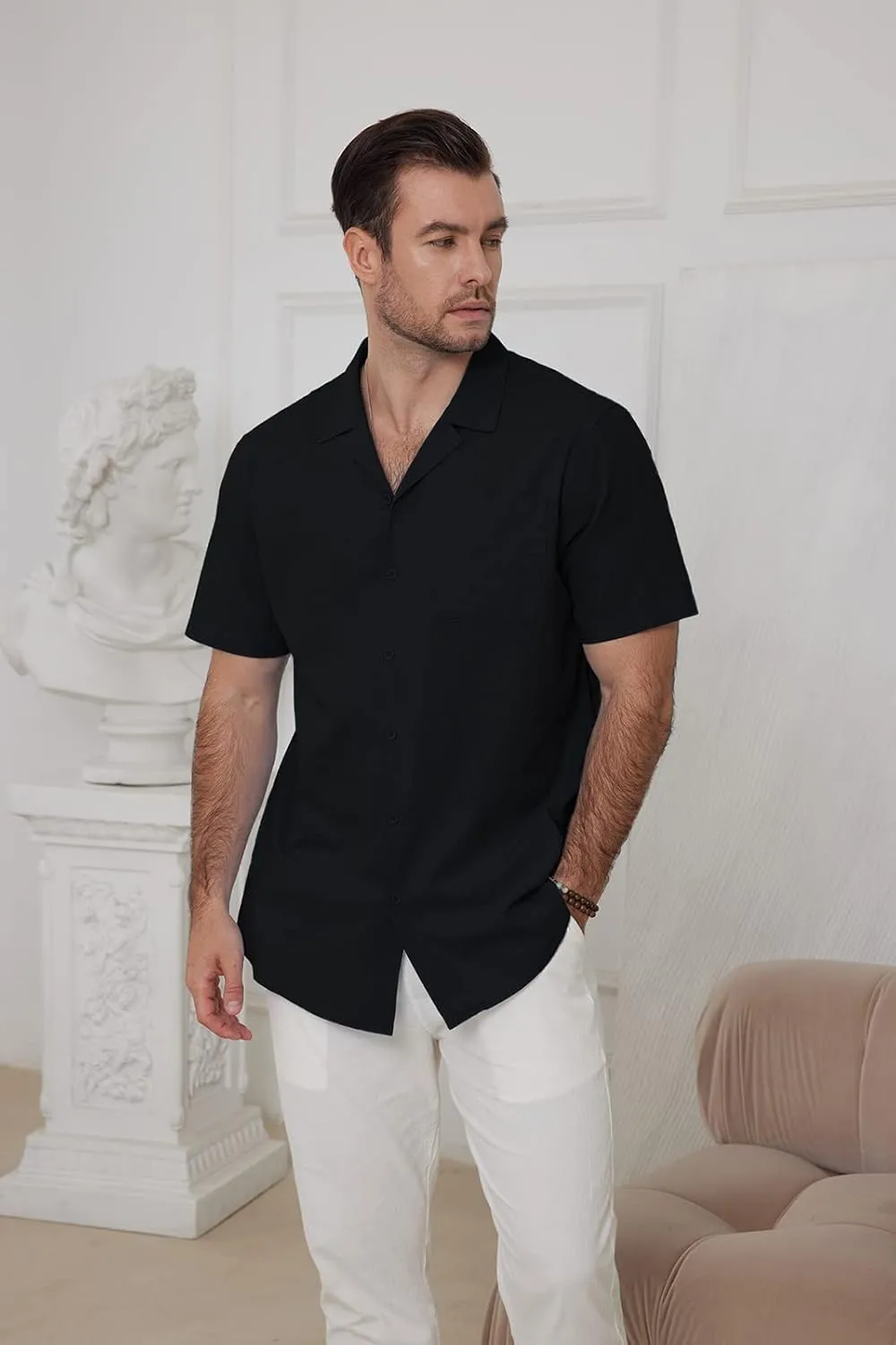 Mens Cotton Linen Short Sleeve Shirts Cuban Camp Button Down Beach Vacation Tops with Pocket