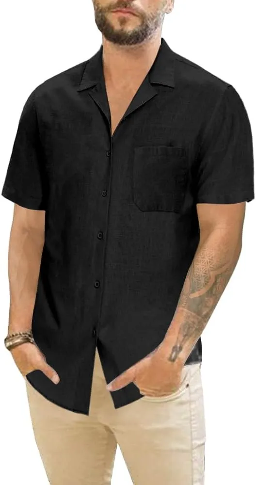 Mens Cotton Linen Short Sleeve Shirts Cuban Camp Button Down Beach Vacation Tops with Pocket