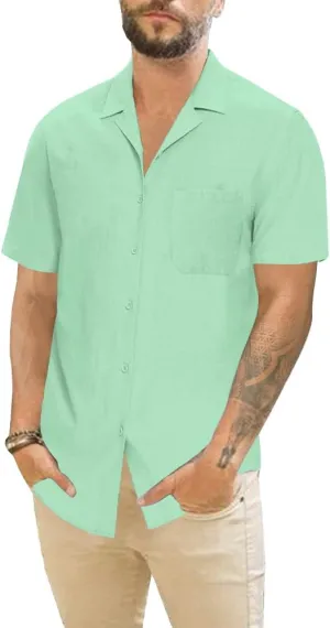 Mens Cotton Linen Short Sleeve Shirts Cuban Camp Button Down Beach Vacation Tops with Pocket