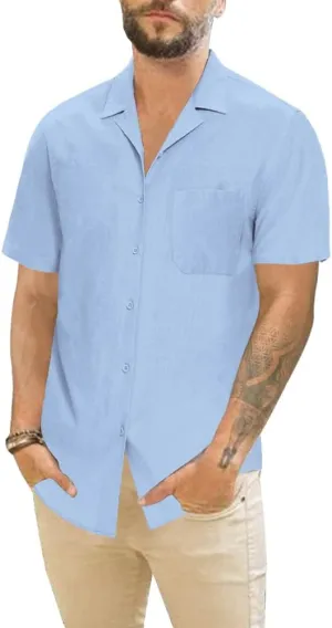 Mens Cotton Linen Short Sleeve Shirts Cuban Camp Button Down Beach Vacation Tops with Pocket