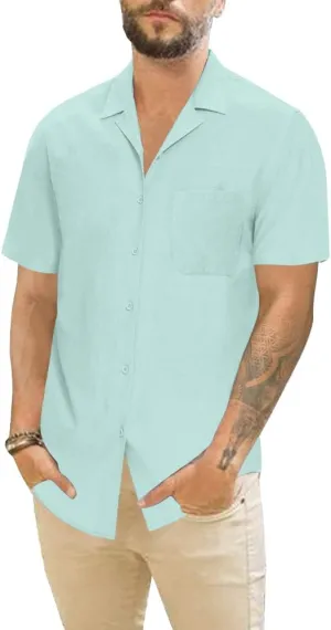Mens Cotton Linen Short Sleeve Shirts Cuban Camp Button Down Beach Vacation Tops with Pocket