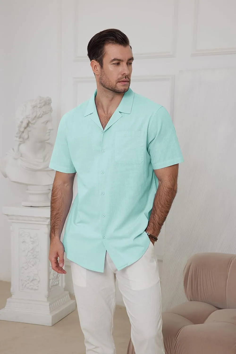 Mens Cotton Linen Short Sleeve Shirts Cuban Camp Button Down Beach Vacation Tops with Pocket
