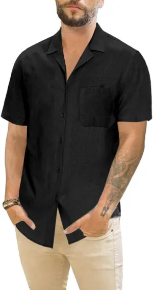 Mens Cotton Linen Short Sleeve Shirts Cuban Camp Button Down Beach Vacation Tops with Pocket
