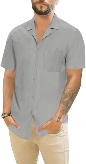 Mens Cotton Linen Short Sleeve Shirts Cuban Camp Button Down Beach Vacation Tops with Pocket