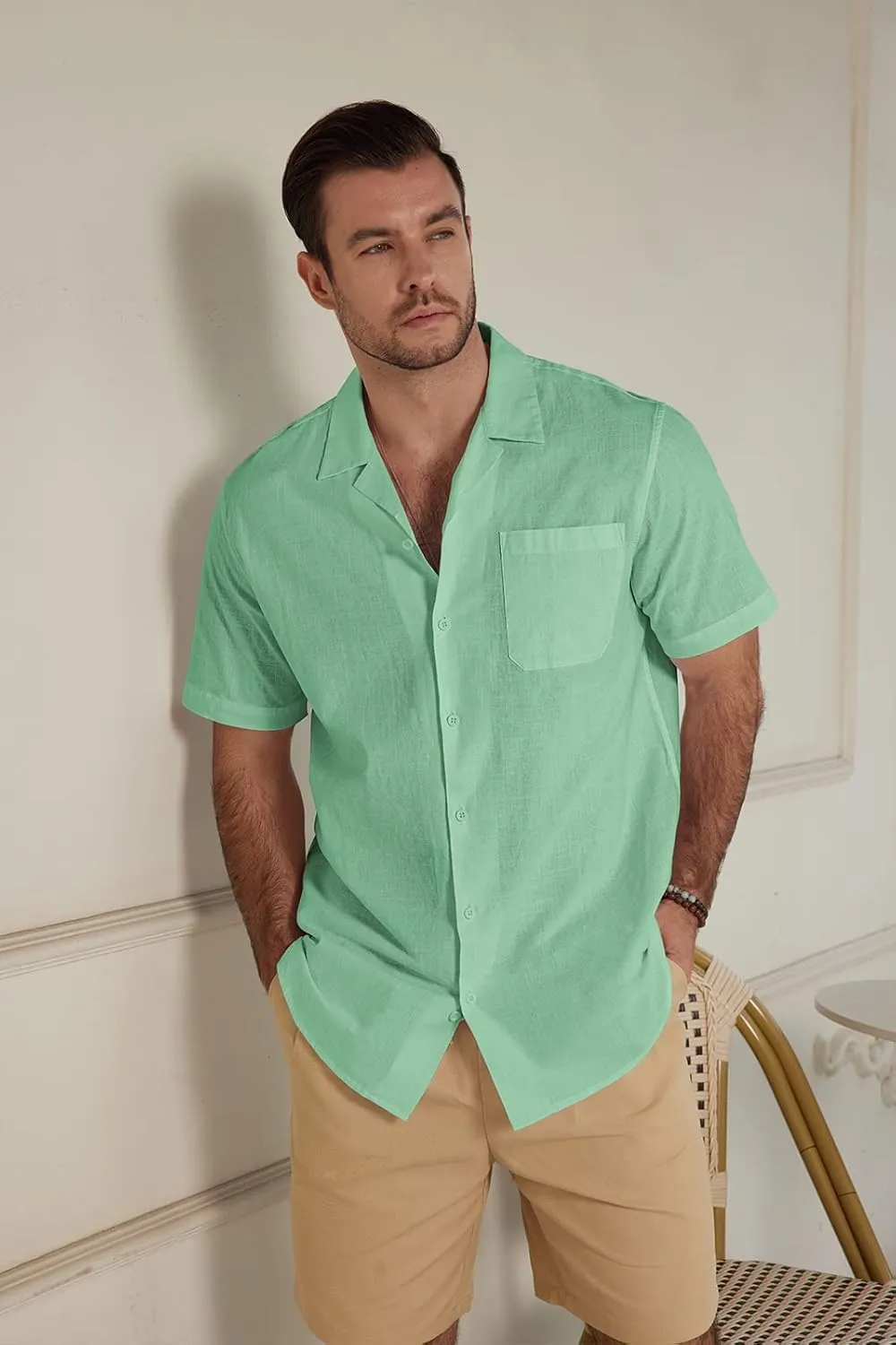 Mens Cotton Linen Short Sleeve Shirts Cuban Camp Button Down Beach Vacation Tops with Pocket