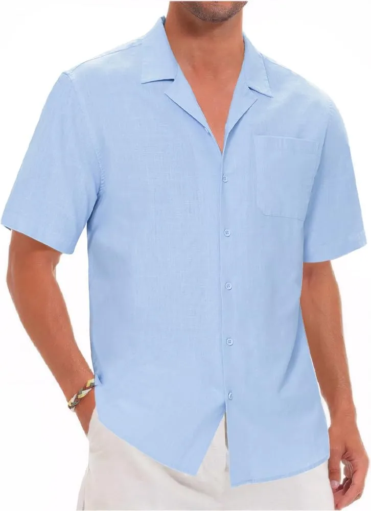 Mens Cotton Linen Short Sleeve Shirts Cuban Camp Button Down Beach Vacation Tops with Pocket