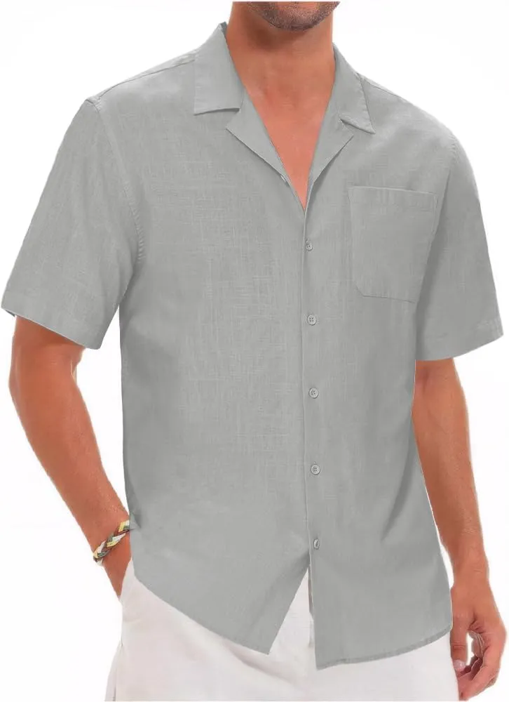 Mens Cotton Linen Short Sleeve Shirts Cuban Camp Button Down Beach Vacation Tops with Pocket