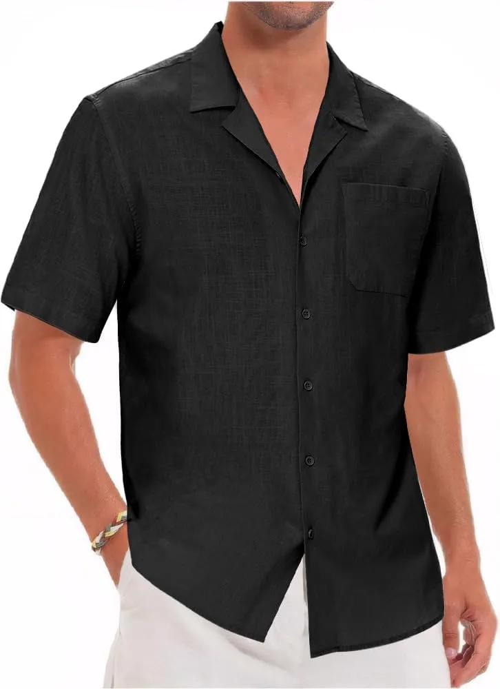 Mens Cotton Linen Short Sleeve Shirts Cuban Camp Button Down Beach Vacation Tops with Pocket