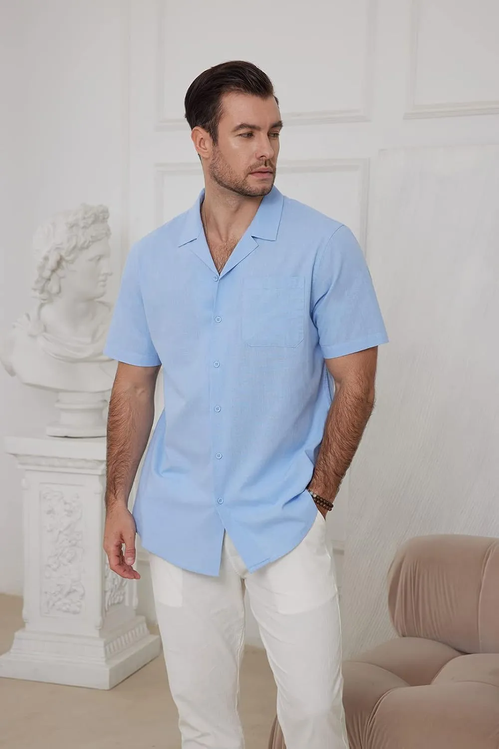 Mens Cotton Linen Short Sleeve Shirts Cuban Camp Button Down Beach Vacation Tops with Pocket