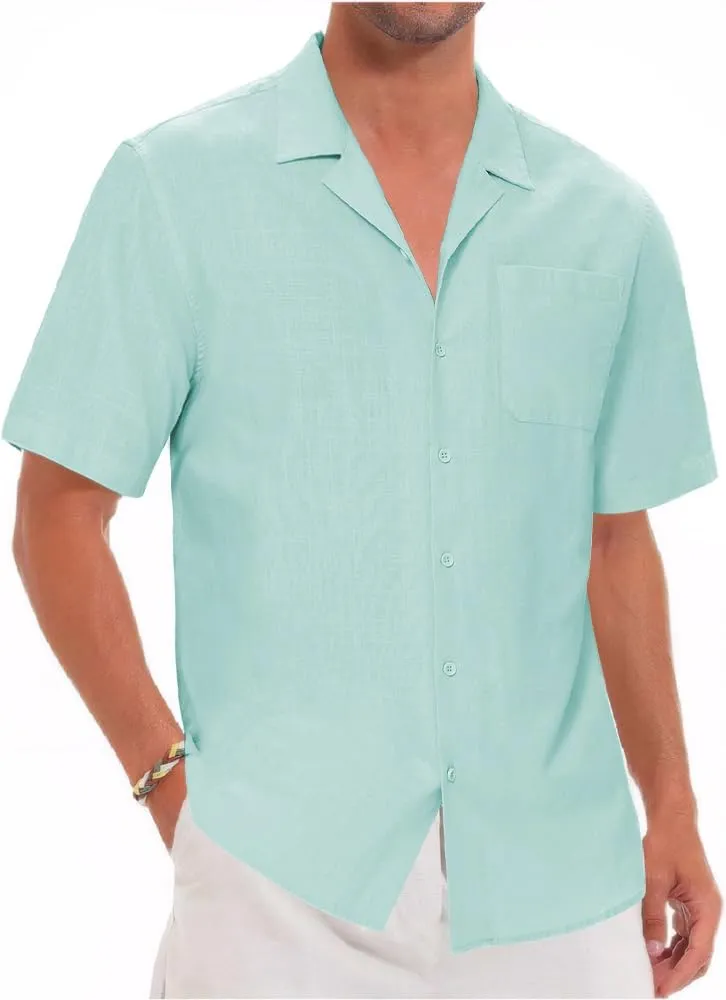 Mens Cotton Linen Short Sleeve Shirts Cuban Camp Button Down Beach Vacation Tops with Pocket