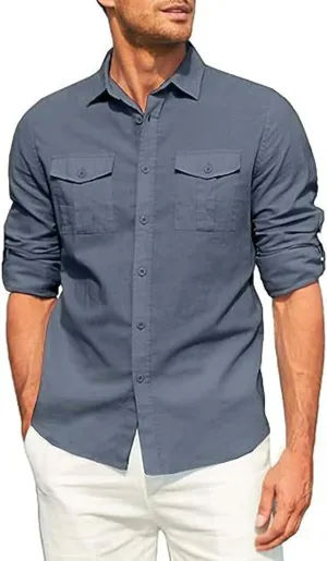 Men's Cuban Guayabera Cotton Linen Long Sleeve Dress Shirt Casual Fashion Button up Shirts Jackets with 2 Pockets
