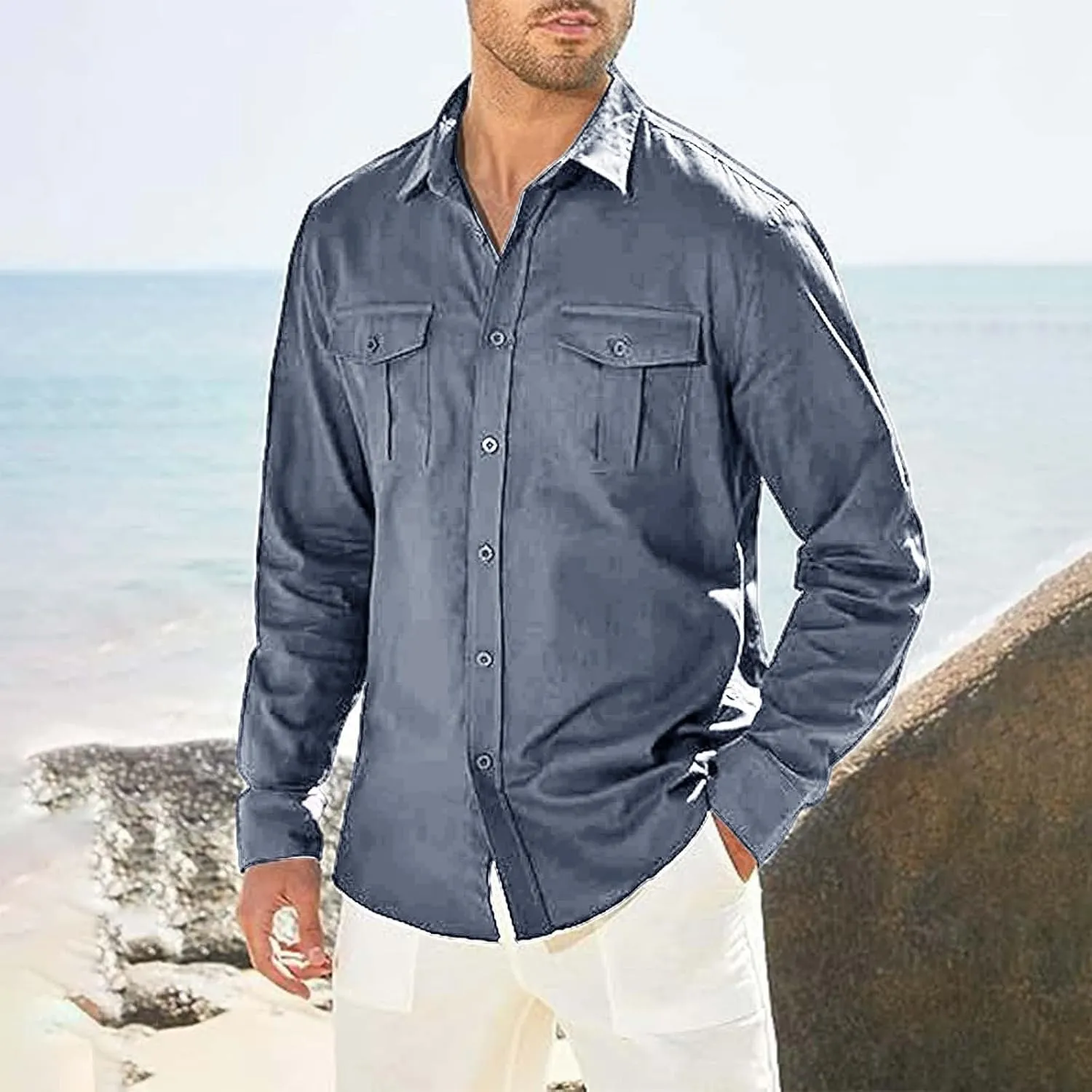 Men's Cuban Guayabera Cotton Linen Long Sleeve Dress Shirt Casual Fashion Button up Shirts Jackets with 2 Pockets