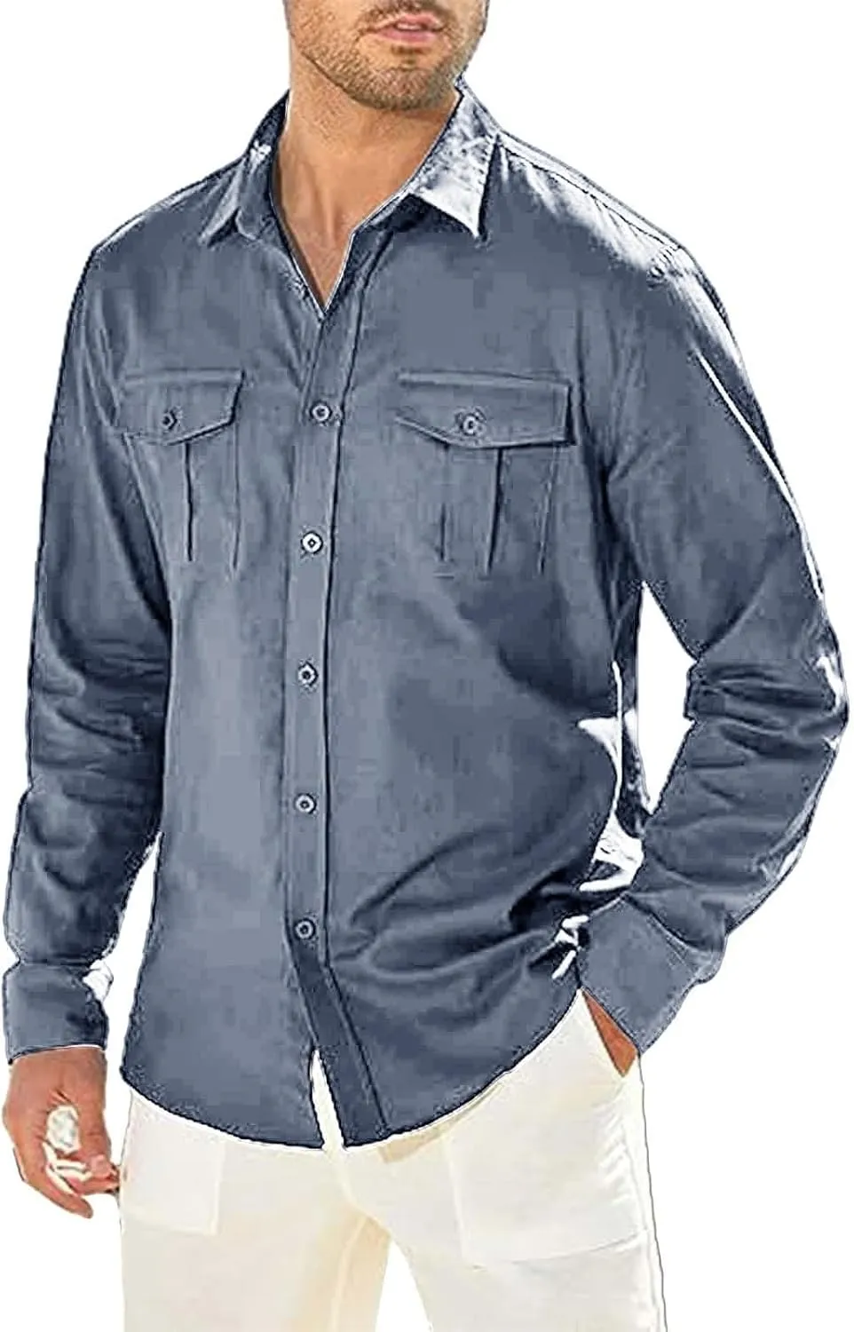 Men's Cuban Guayabera Cotton Linen Long Sleeve Dress Shirt Casual Fashion Button up Shirts Jackets with 2 Pockets