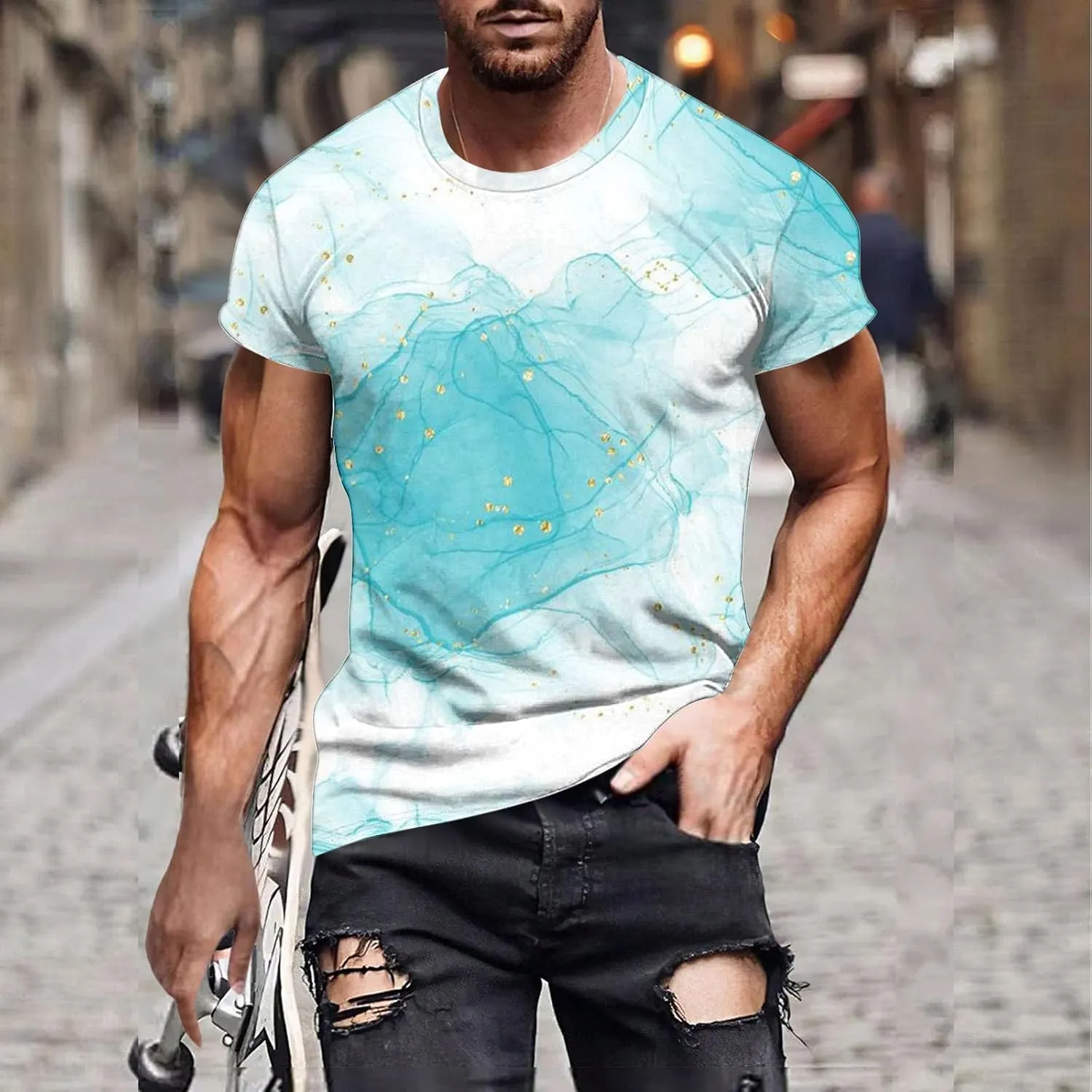 Men's Fashion Marble Printed Shirt Short Sleeve Crew Neck Casual Tshirt Loose Fit Lightweight Summer Outdoor Tee Tops