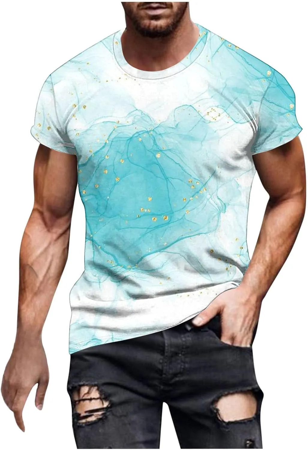 Men's Fashion Marble Printed Shirt Short Sleeve Crew Neck Casual Tshirt Loose Fit Lightweight Summer Outdoor Tee Tops