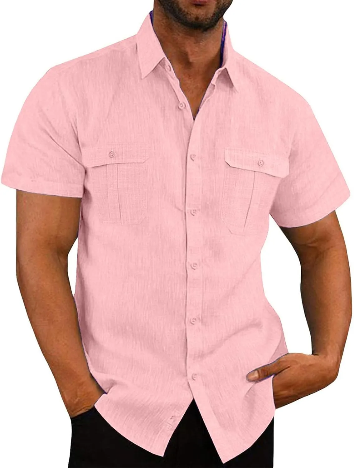 Mens Linen Button Down Shirt Short Sleeve Casual Stylish Beach Shirts Loose Solid Basic Collared Shirt with Pockets