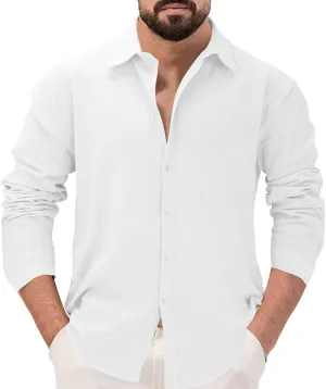 Men's Linen Shirts Business Casual Button Down Long Sleeve Work Shirt Solid Lapel Collar Summer Beach T-Shirts 2025