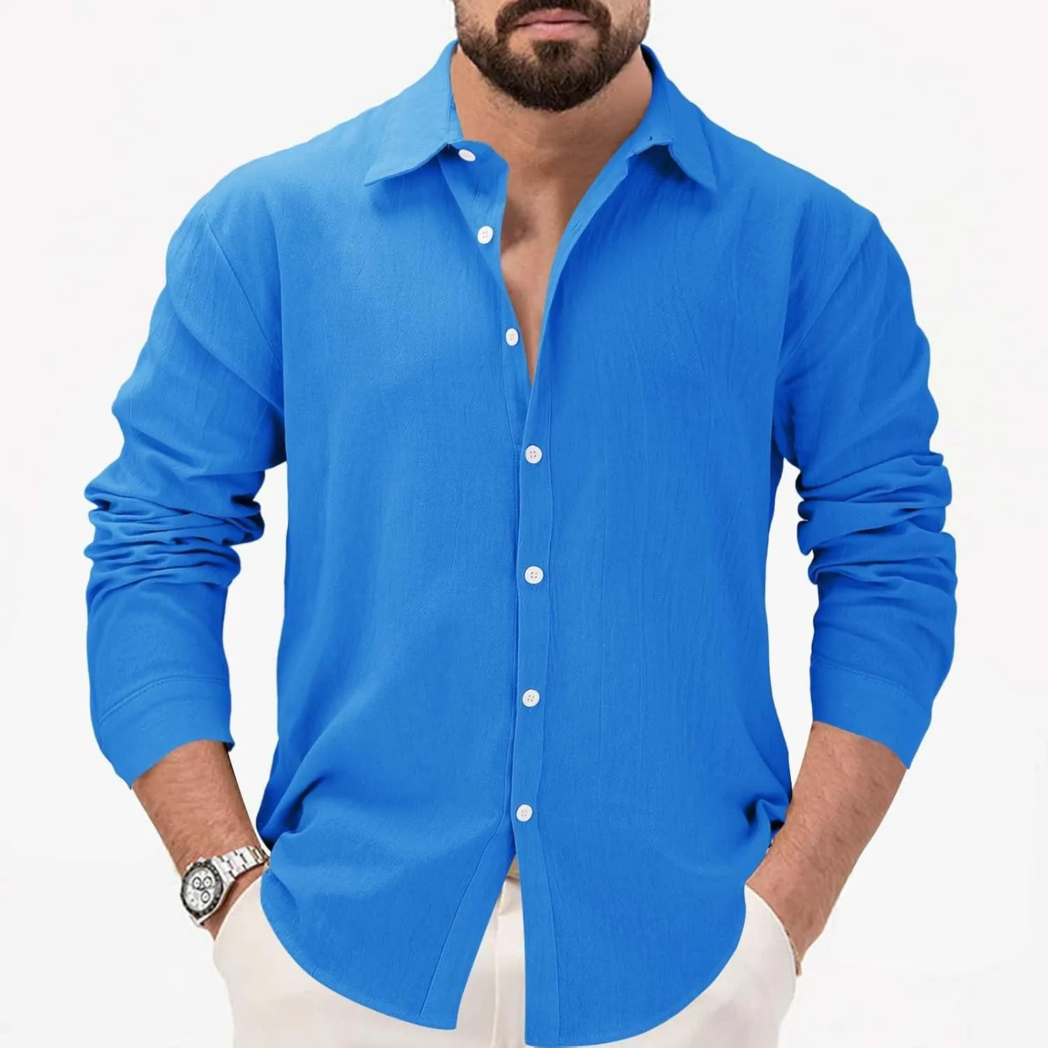 Men's Linen Shirts Business Casual Button Down Long Sleeve Work Shirt Solid Lapel Collar Summer Beach T-Shirts 2025