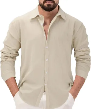 Men's Linen Shirts Business Casual Button Down Long Sleeve Work Shirt Solid Lapel Collar Summer Beach T-Shirts 2025