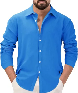 Men's Linen Shirts Business Casual Button Down Long Sleeve Work Shirt Solid Lapel Collar Summer Beach T-Shirts 2025