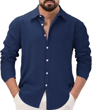 Men's Linen Shirts Business Casual Button Down Long Sleeve Work Shirt Solid Lapel Collar Summer Beach T-Shirts 2025