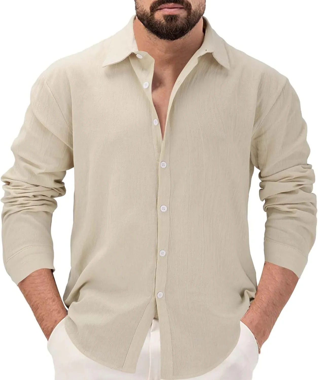 Men's Linen Shirts Business Casual Button Down Long Sleeve Work Shirt Solid Lapel Collar Summer Beach T-Shirts 2025