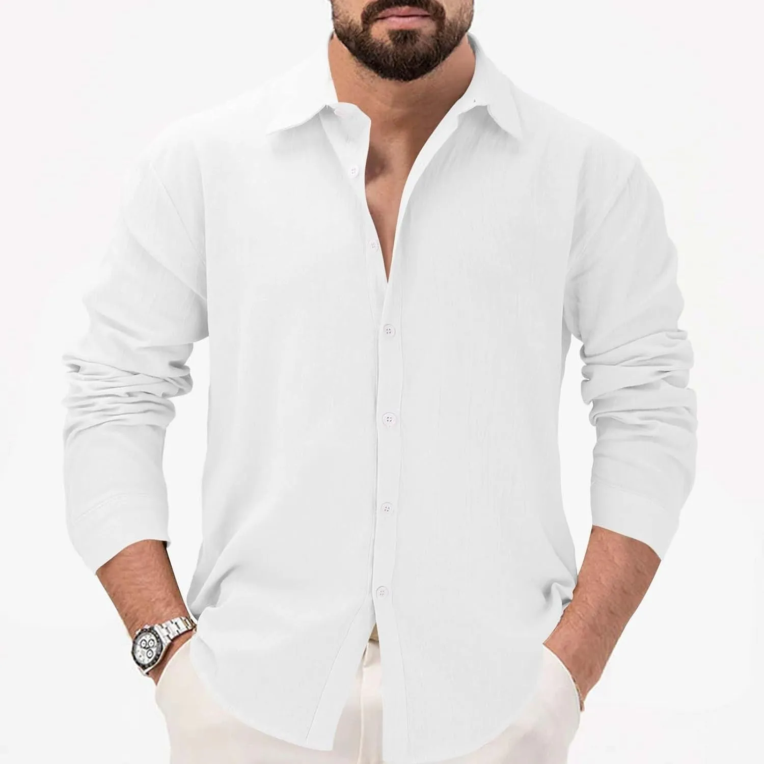 Men's Linen Shirts Business Casual Button Down Long Sleeve Work Shirt Solid Lapel Collar Summer Beach T-Shirts 2025