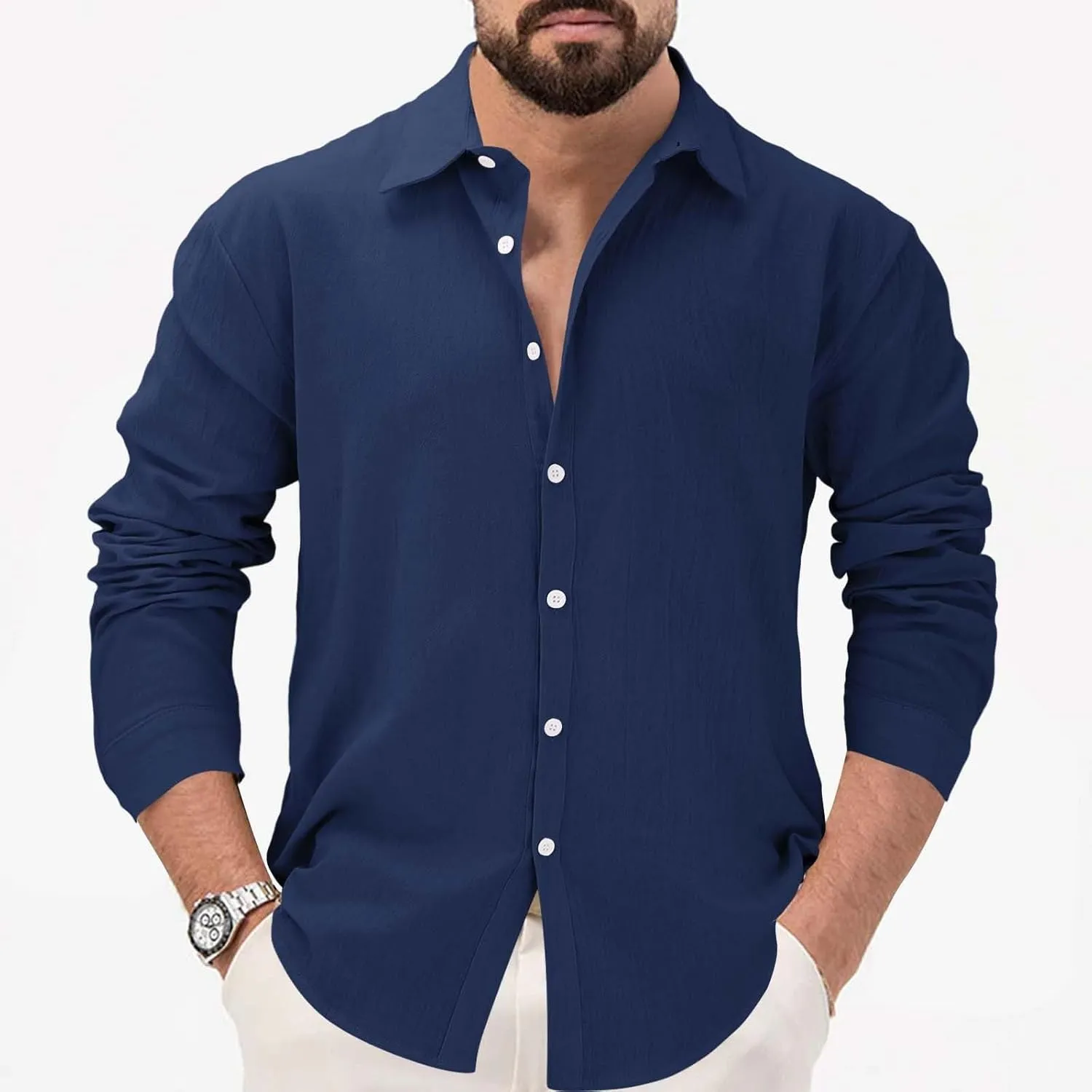 Men's Linen Shirts Business Casual Button Down Long Sleeve Work Shirt Solid Lapel Collar Summer Beach T-Shirts 2025