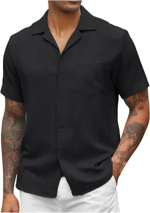 Men's Linen Shirts Short Sleeve Button Down Casual Shirt Business Dress Shirts for Men Fashion Beach Summer Tops with Pocket