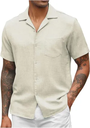 Men's Linen Shirts Short Sleeve Button Down Casual Shirt Business Dress Shirts for Men Fashion Beach Summer Tops with Pocket
