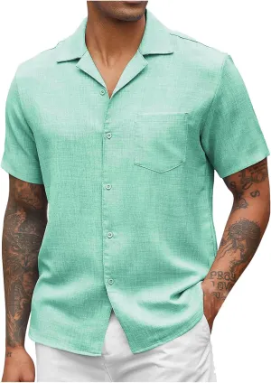 Men's Linen Shirts Short Sleeve Button Down Casual Shirt Business Dress Shirts for Men Fashion Beach Summer Tops with Pocket