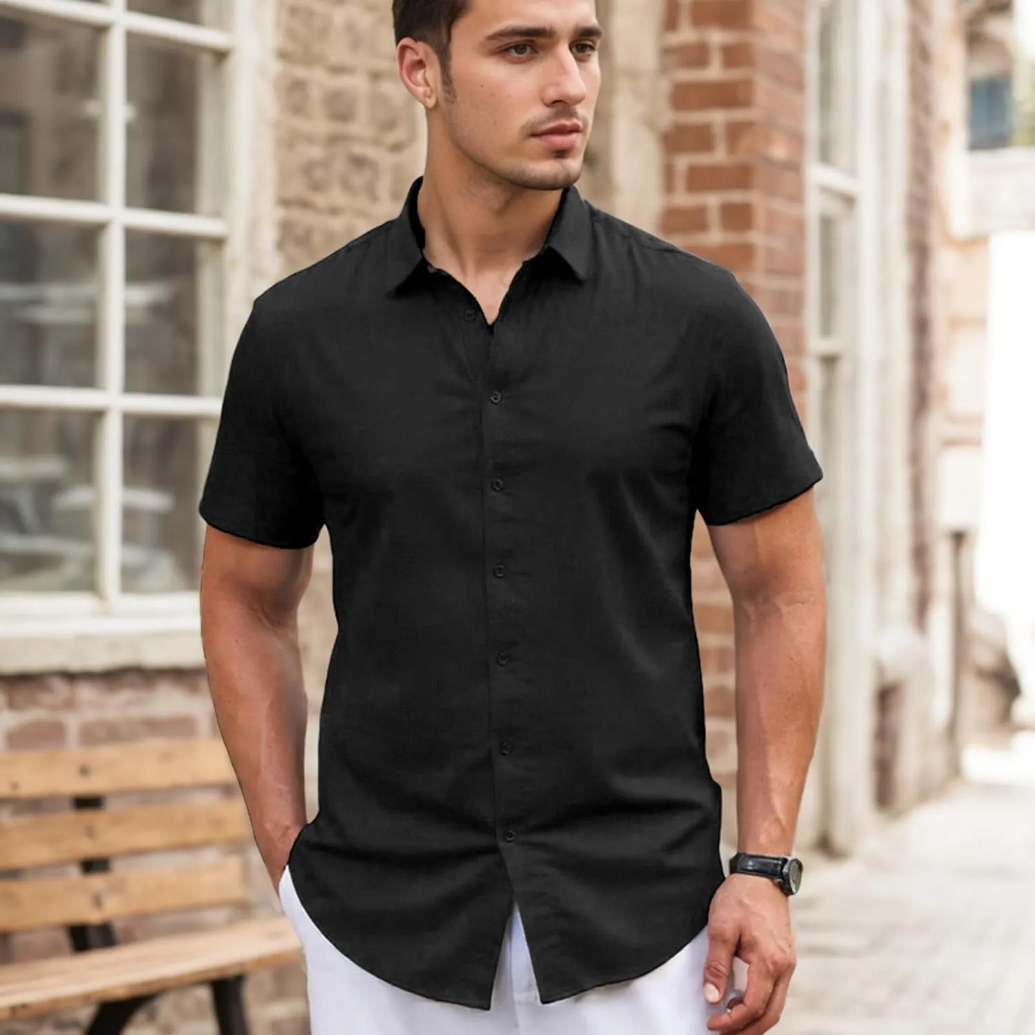 Men's Short Sleeve Button Down Shirt Cotton Linen Shirt Casual Lightweight Beach Shirt