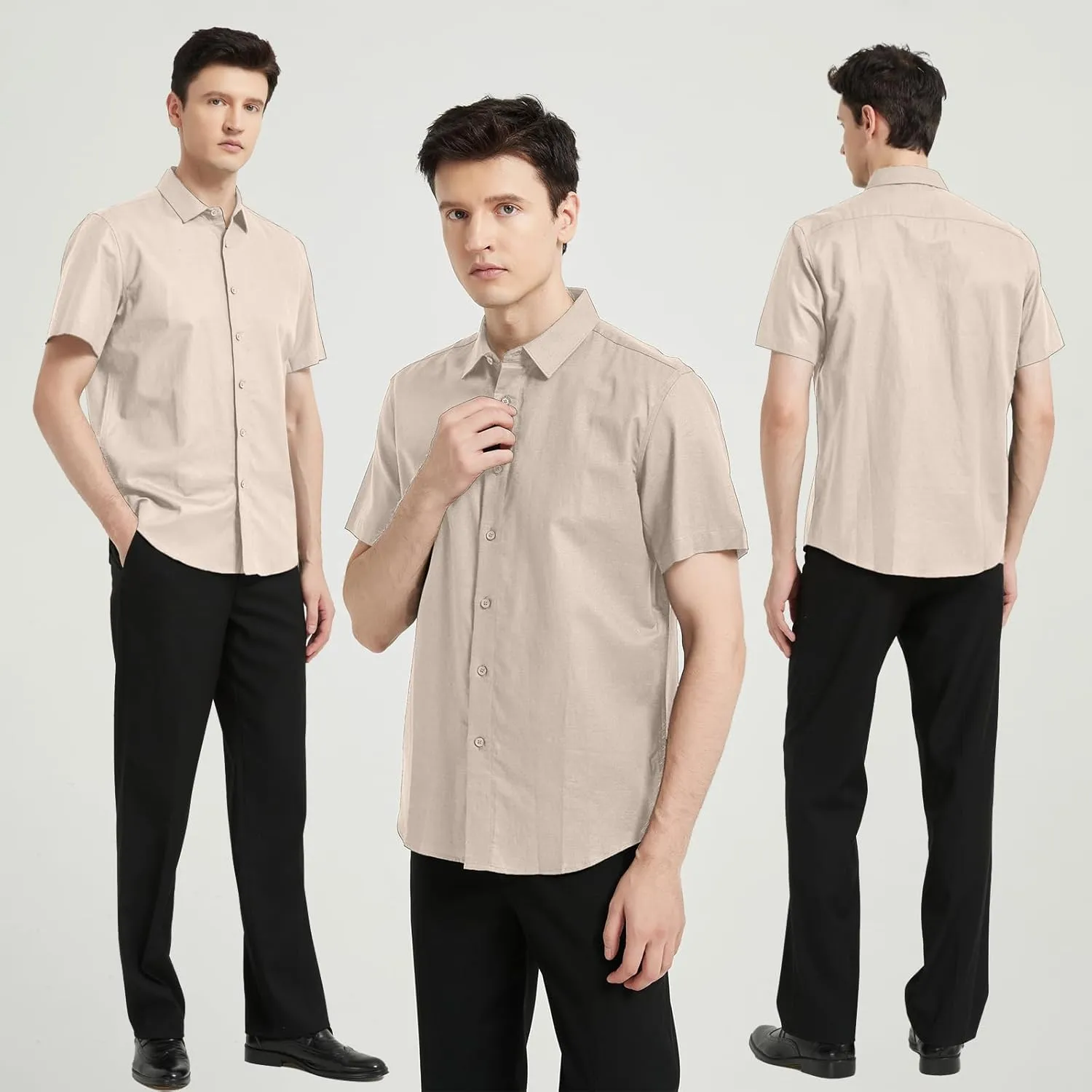Men's Short Sleeve Button Down Shirt Cotton Linen Shirt Casual Lightweight Beach Shirt