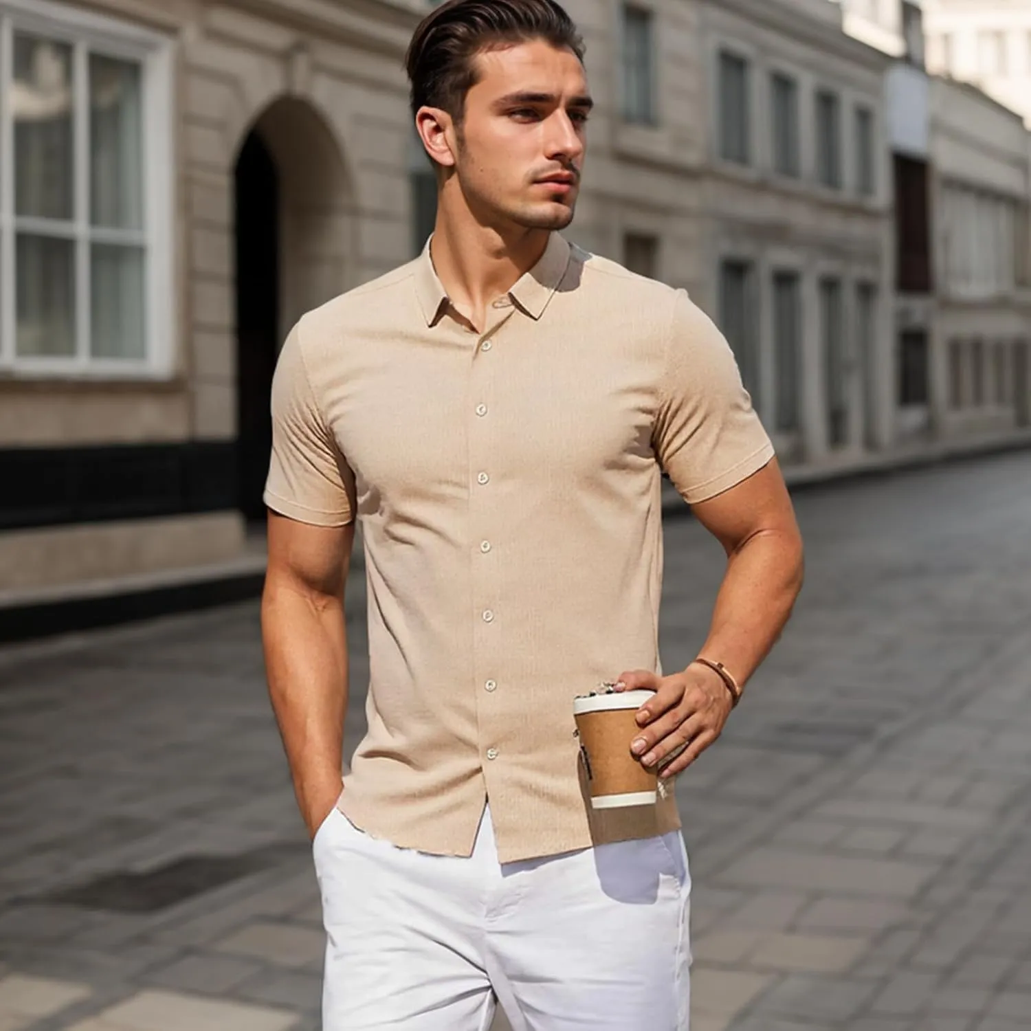Men's Short Sleeve Button Down Shirt Cotton Linen Shirt Casual Lightweight Beach Shirt