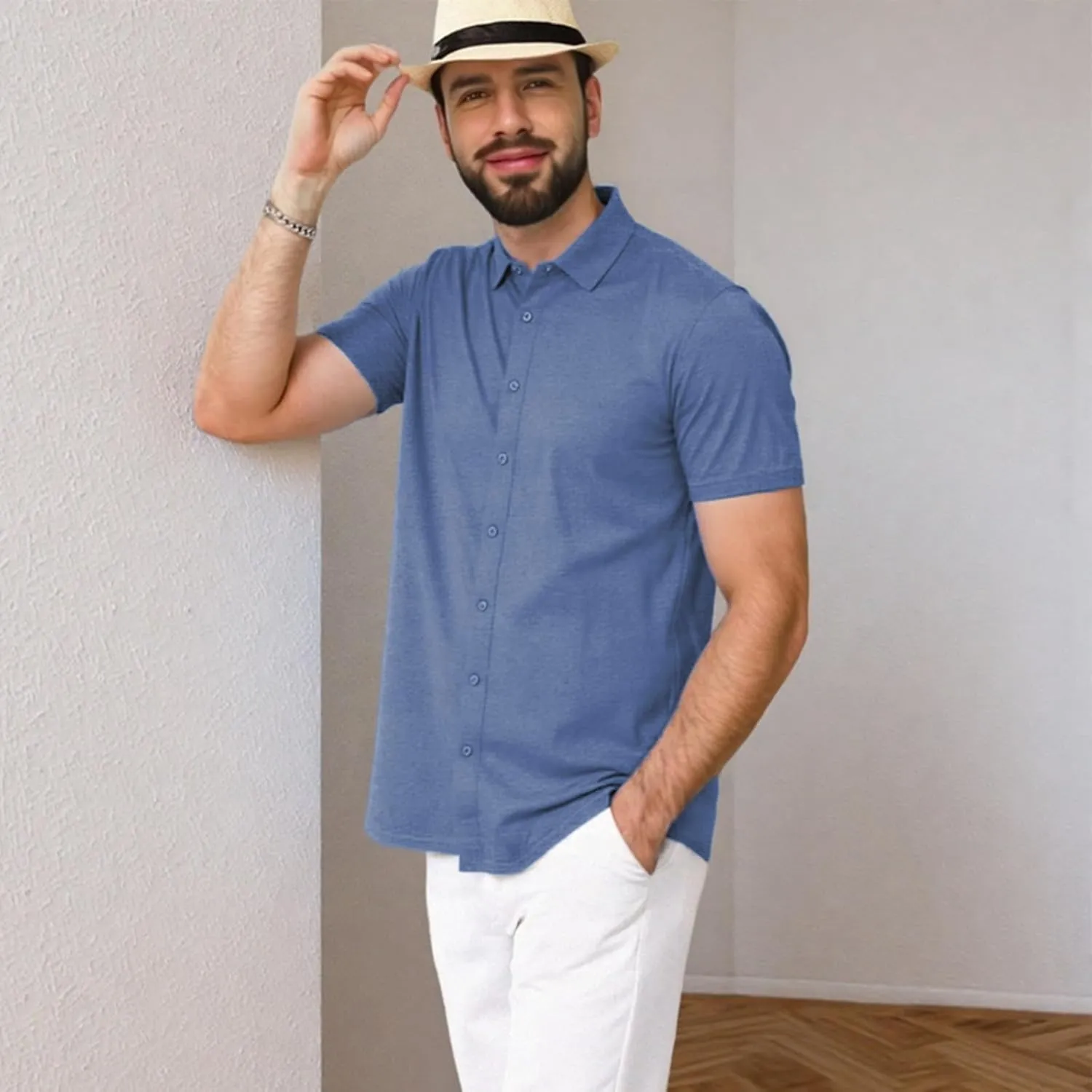 Men's Short Sleeve Button Down Shirt Cotton Linen Shirt Casual Lightweight Beach Shirt