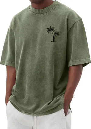 Men's Short Sleeve Shirts Oversized Cotton Vintage Washed T-Shirt Palm Tree Graphic Tees Summer Casual Tops
