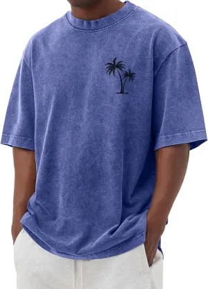 Men's Short Sleeve Shirts Oversized Cotton Vintage Washed T-Shirt Palm Tree Graphic Tees Summer Casual Tops