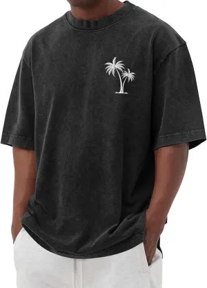 Men's Short Sleeve Shirts Oversized Cotton Vintage Washed T-Shirt Palm Tree Graphic Tees Summer Casual Tops