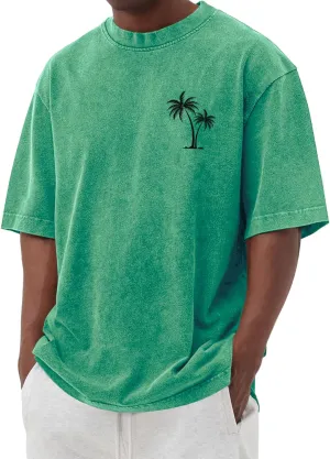 Men's Short Sleeve Shirts Oversized Cotton Vintage Washed T-Shirt Palm Tree Graphic Tees Summer Casual Tops