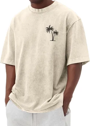 Men's Short Sleeve Shirts Oversized Cotton Vintage Washed T-Shirt Palm Tree Graphic Tees Summer Casual Tops