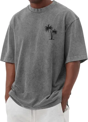 Men's Short Sleeve Shirts Oversized Cotton Vintage Washed T-Shirt Palm Tree Graphic Tees Summer Casual Tops