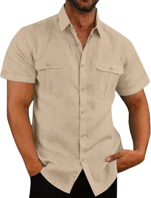 Men's Summer Short Sleeve Shirts Casual Cotton Linen Button Down Shirts Lightweight Beach Tops with Pockets