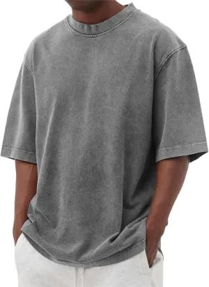 Men's Vintage Oversized Short Sleeve Shirts Summer Casual Crew Neck T-Shirt Distressed Washed Tops
