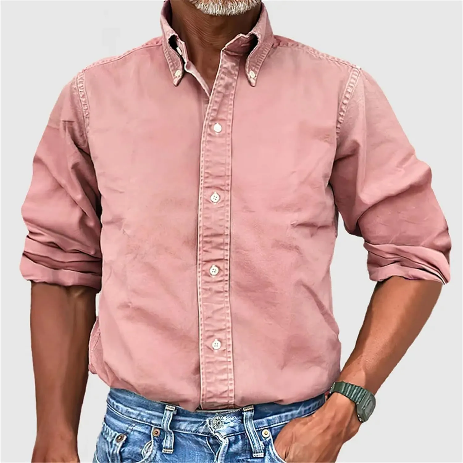 Mens Vintage Premium Washed Button Down Shirts Casual Long Sleeve Lapel Solid Business Urban Dress Shirts for Men