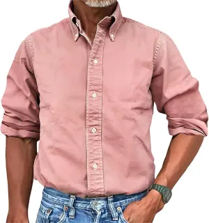 Mens Vintage Premium Washed Button Down Shirts Casual Long Sleeve Lapel Solid Business Urban Dress Shirts for Men