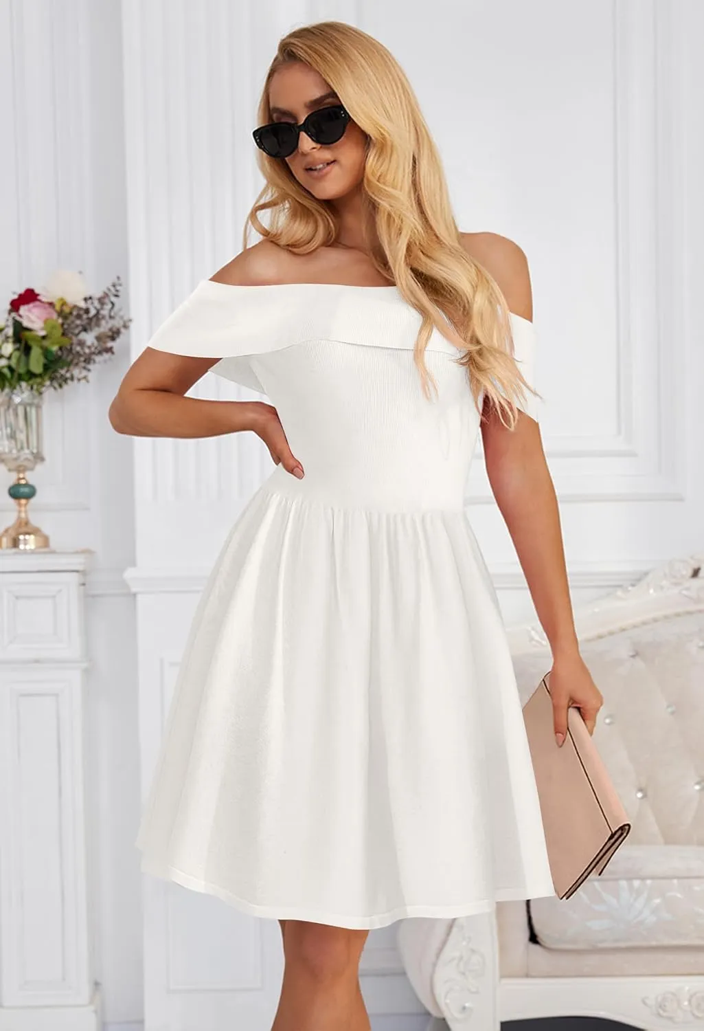 MEROKEETY Women's Summer Off Shoulder Mini Dresses 2025 Ruffle A Line Cocktail Party Knit Dress