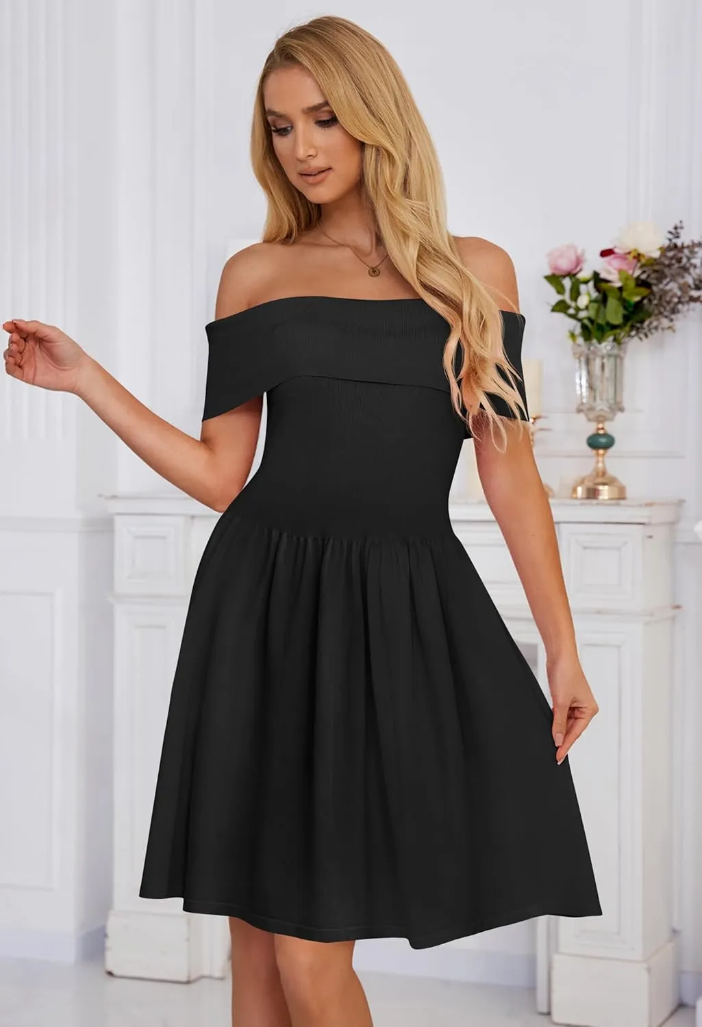 MEROKEETY Women's Summer Off Shoulder Mini Dresses 2025 Ruffle A Line Cocktail Party Knit Dress