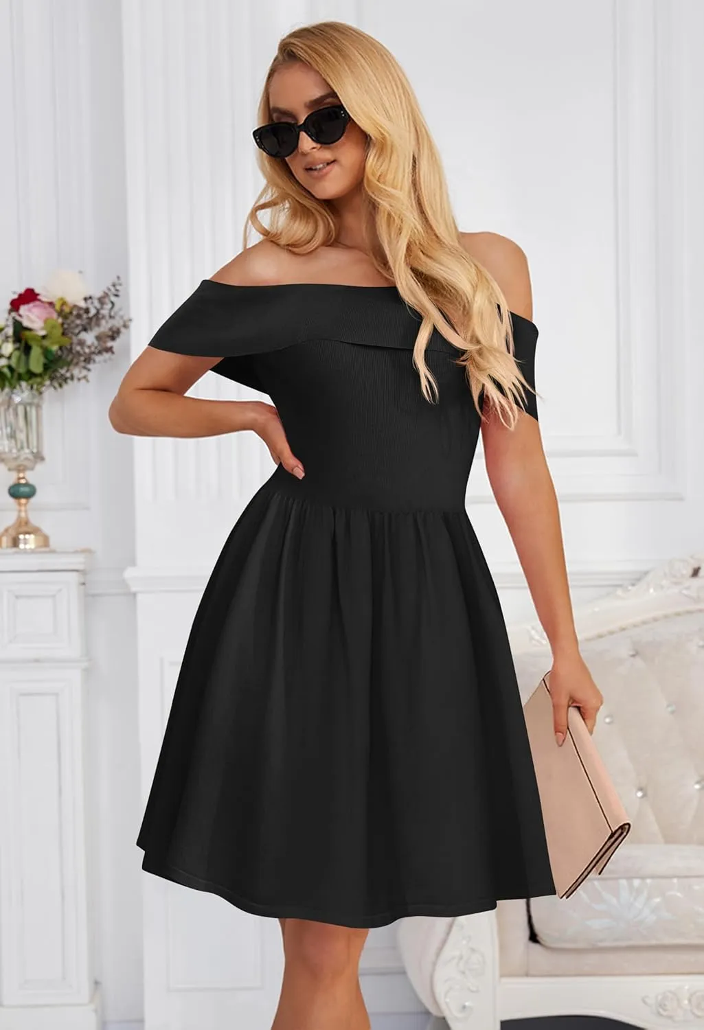 MEROKEETY Women's Summer Off Shoulder Mini Dresses 2025 Ruffle A Line Cocktail Party Knit Dress