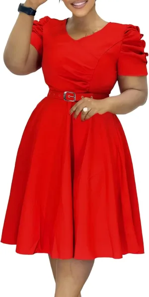 Midi Dresses for Women Short Sleeve V Neck A Line Elegant Pleated Dresses Plus Size with Belt